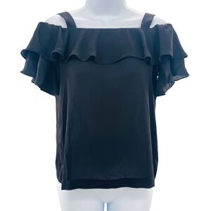 J. CREW Ruffle Cold Shoulder Black Blouse